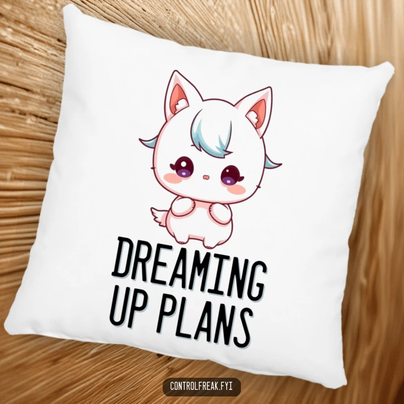 Funny Kawaii character pillow, focused gaze on a detailed blueprint, soft and decorative for planning zones.