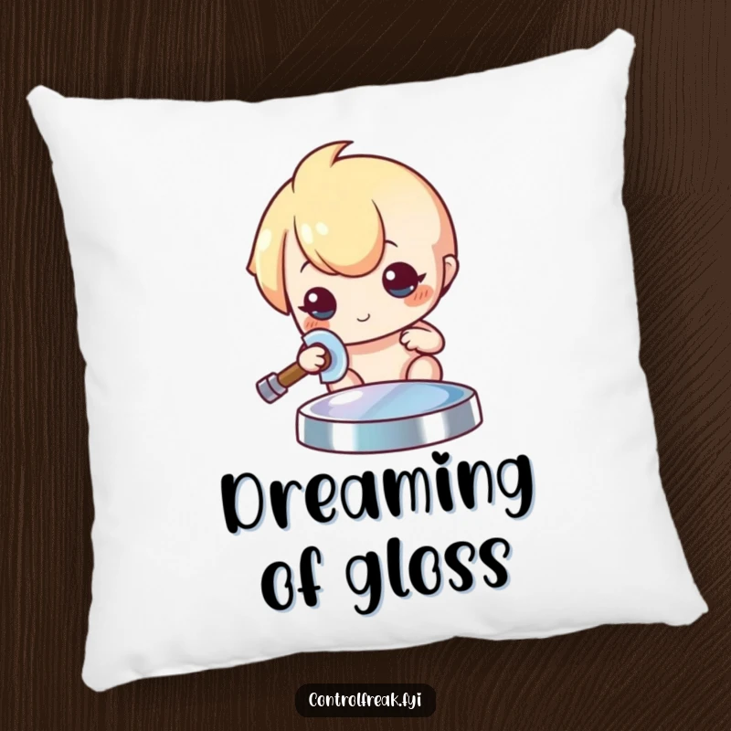 Funny Kawaii character pillow, meticulously polishing a shiny object to a brilliant sheen, soft and decorative.