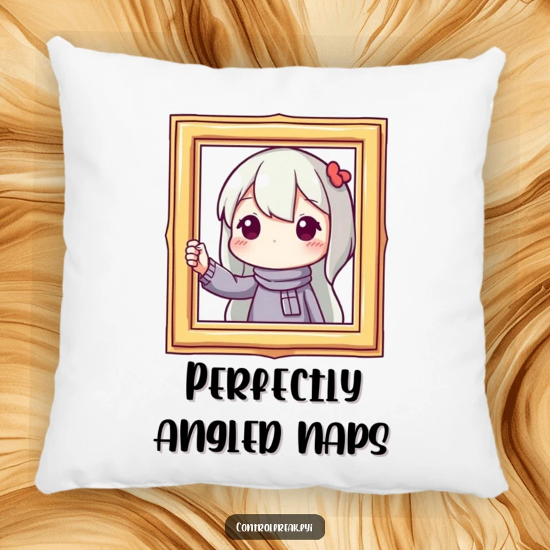 Funny pillow with a character straightening a picture frame, bringing a touch of precise humor and comfort.