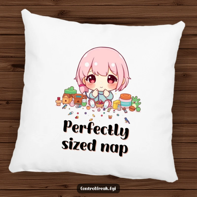 Funny Pillow with a character meticulously sorting tiny items by size, offering comfort and a humorous emphasis on precision.