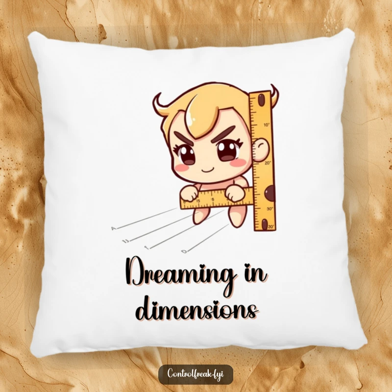 Funny Pillow: Character measuring imaginary lines with a ruler, a focused yet happy expression. Soft and funny gift.
