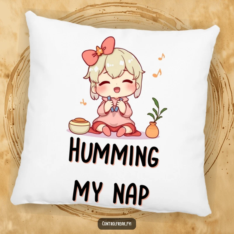 Funny pillow showcasing a character humming contentedly while tidying, offering comfort and a touch of serene organization. A cozy and humorous item.