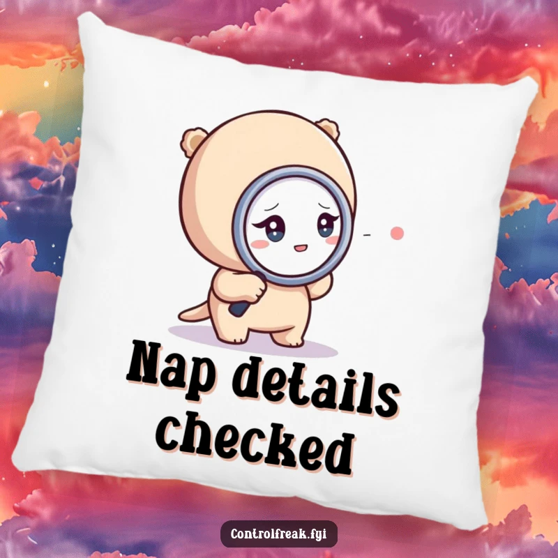 Funny pillow design with a tiny character intensely examining a dot with a magnifying glass, perfect for adding humor.