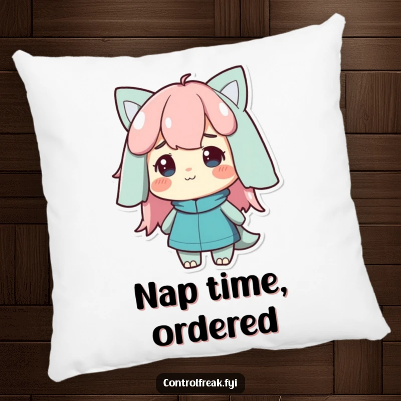 Funny Pillow depicting a character with a satisfied nod, looking at an orderly arrangement, symbolizing peace and contentment.