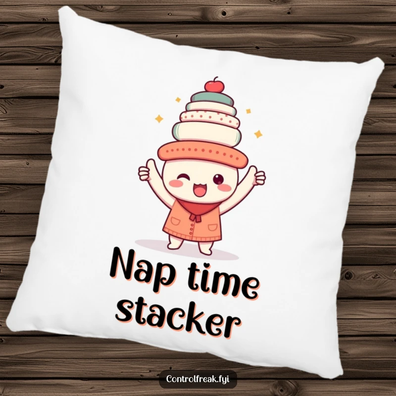 Funny pillow with a kawaii character triumphantly holding a perfectly aligned stack of objects, providing comfortable and humorous decor.
