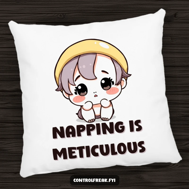 Funny pillow: A cute character meticulously wipes a single, perfect circle, representing extreme neatness and order.