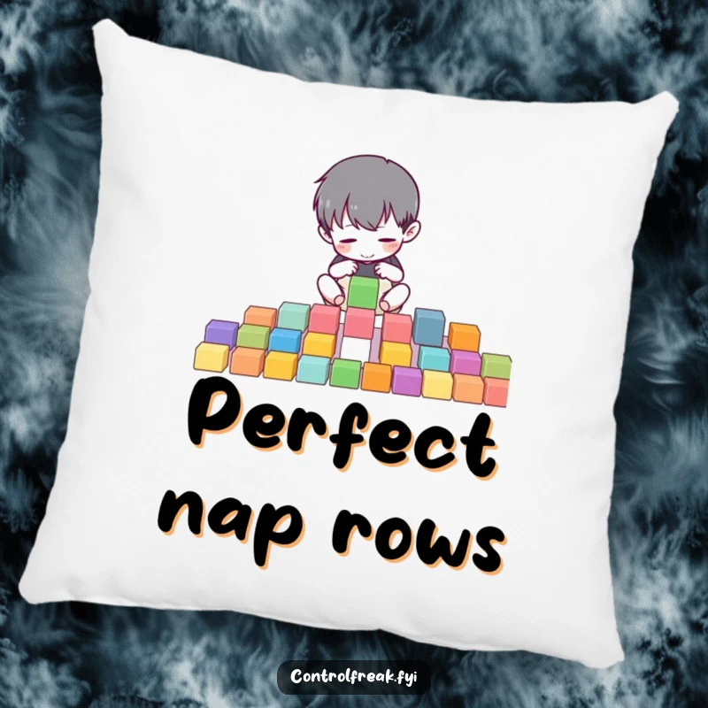 Funny pillow design with a small character intently organizing colorful blocks into perfect rows, perfect for adding calm humor.