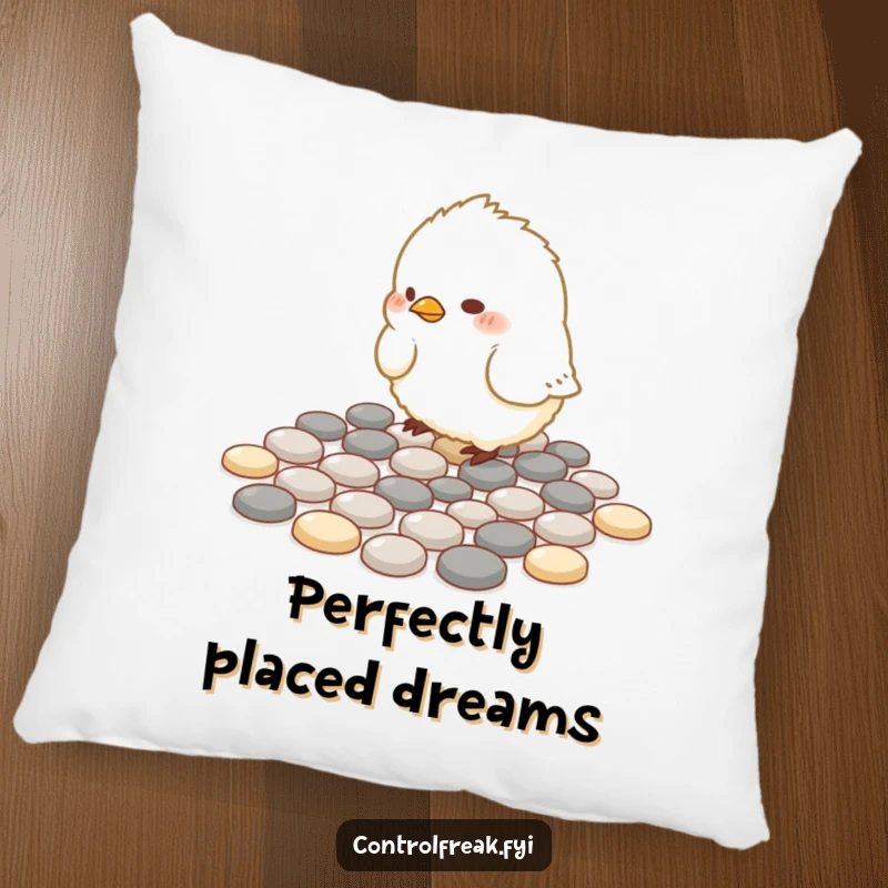 Funny Pillow: A small, fluffy bird meticulously arranges pebbles into perfect geometric patterns, adding decor.