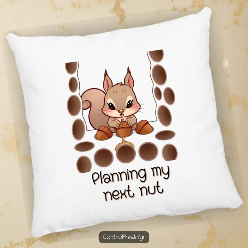 Funny pillow with a determined squirrel character humorously attempting to fit acorns into precise holes, offering comfort and a comedic visual.