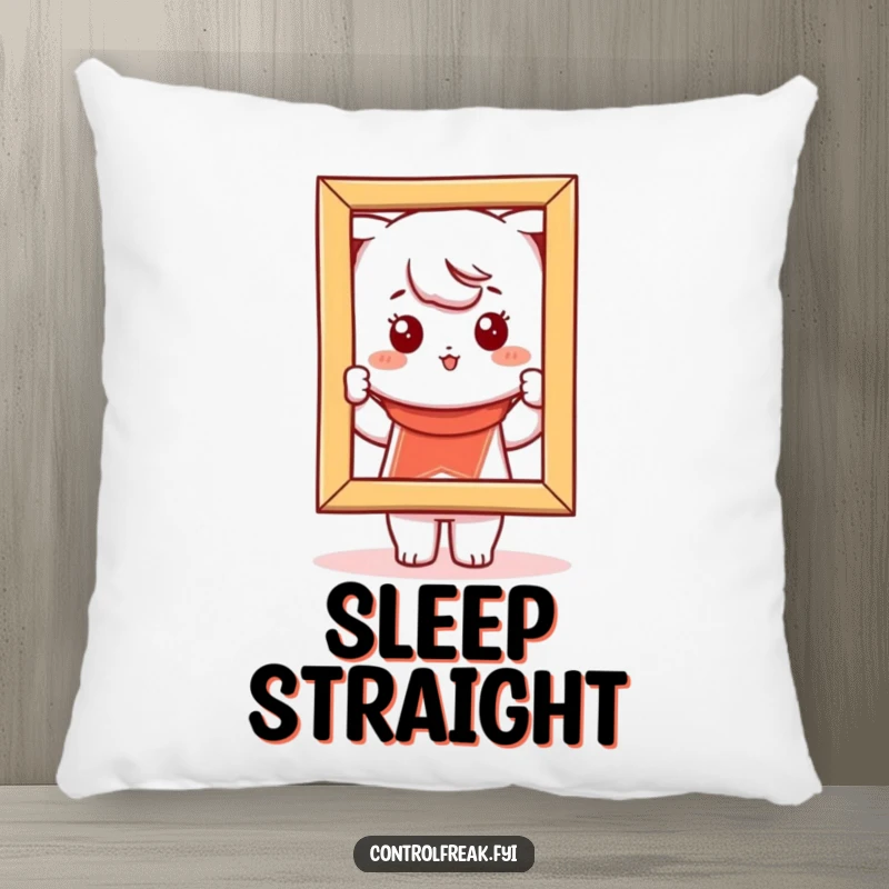 Funny Kawaii character pillow, straightening a crooked picture frame, offering comfort and decorative humor.