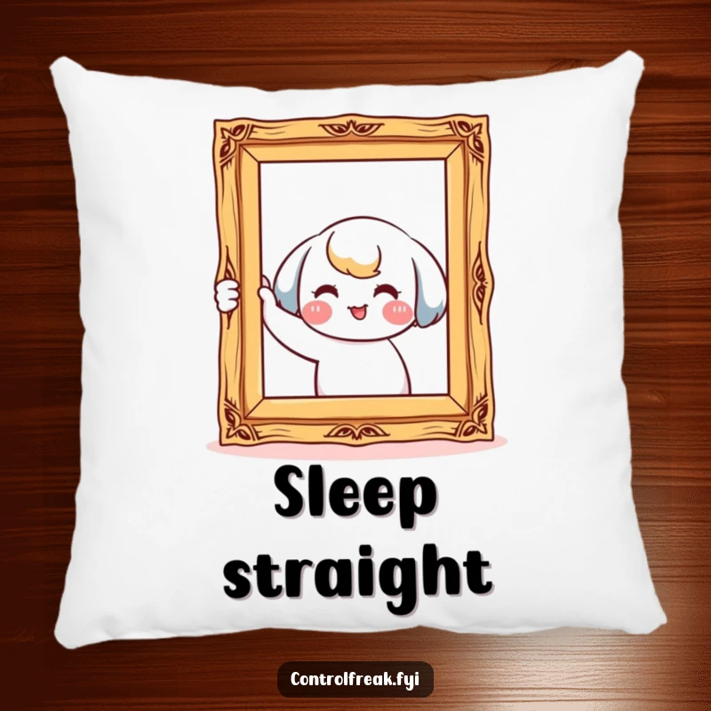 Funny pillow with a kawaii character smiling while meticulously straightening a crooked picture frame, providing comfortable and humorous decor.