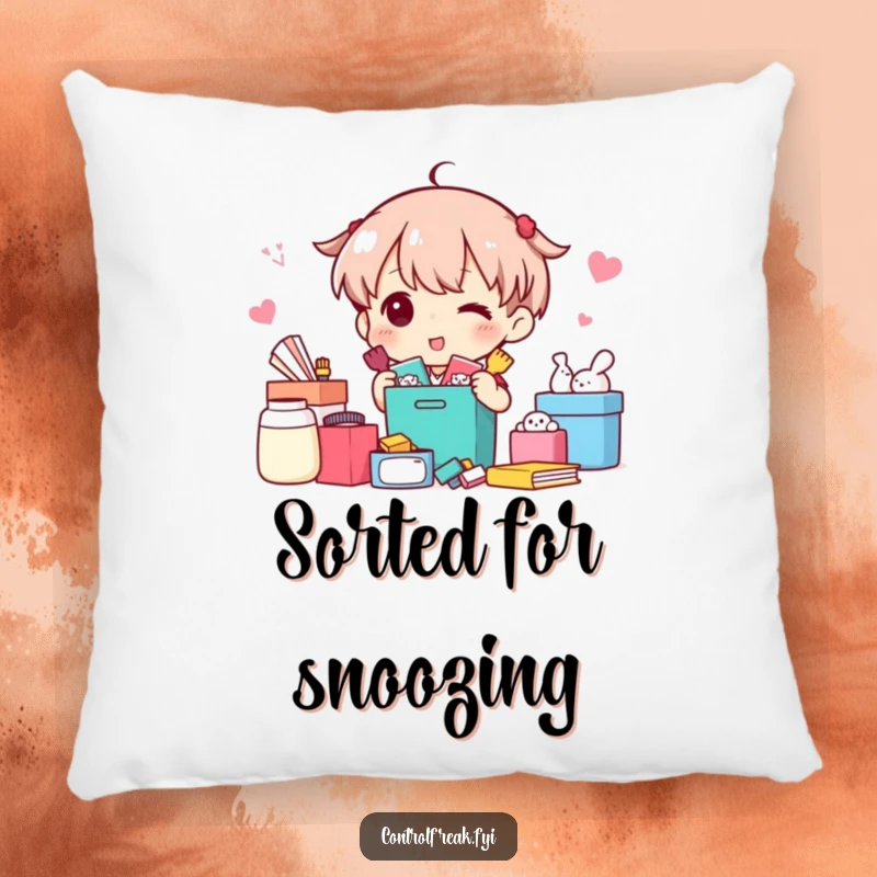 Funny Pillow: Character happily sorting miscellaneous items into neat categories, adding comfort and humor to any room.