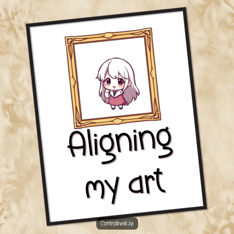 Funny digital art print: A character is carefully adjusting a slightly tilted picture frame, emphasizing perfect alignment.
