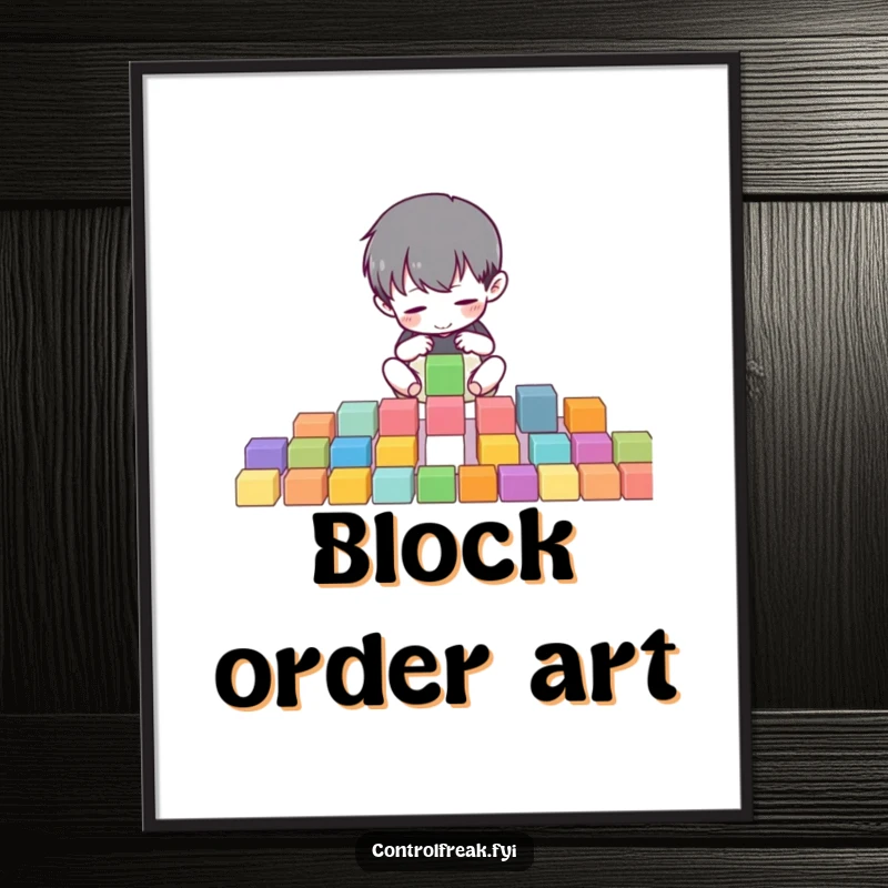 Funny digital art print of a small character meticulously organizing colorful blocks into perfect rows, bringing orderly humor instantly.