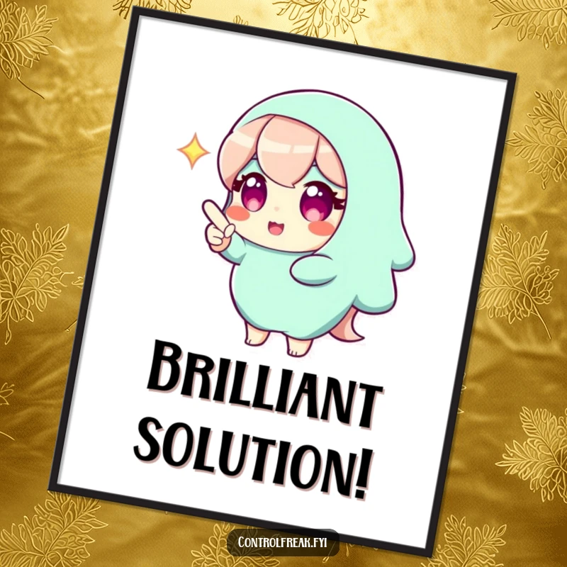 Funny digital art print of a character with a bright gleam, pointing to a perfect solution, symbolizing intelligence and clarity. An instant, humorous decor piece.