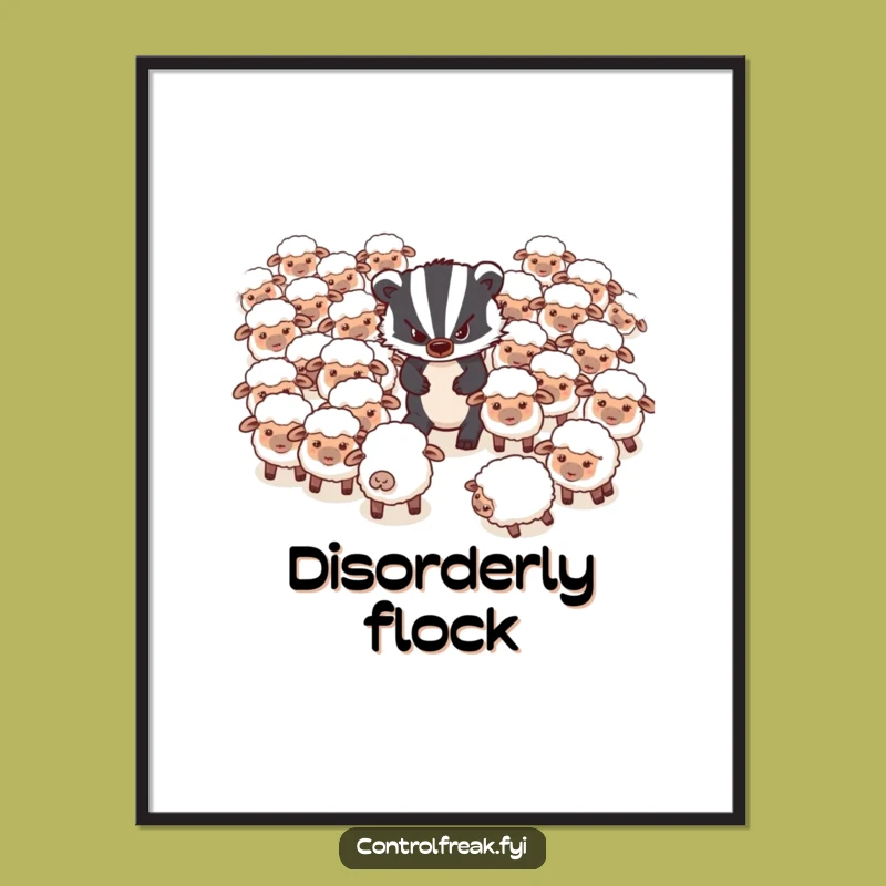 Funny Badger Sheep Digital Print: Grumpy Badger Herds Scattered Sheep Art