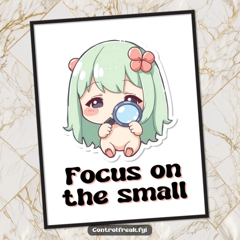 Funny Kawaii character digital art print, inspecting a tiny detail with a magnifying glass, for inquisitive wall decor.