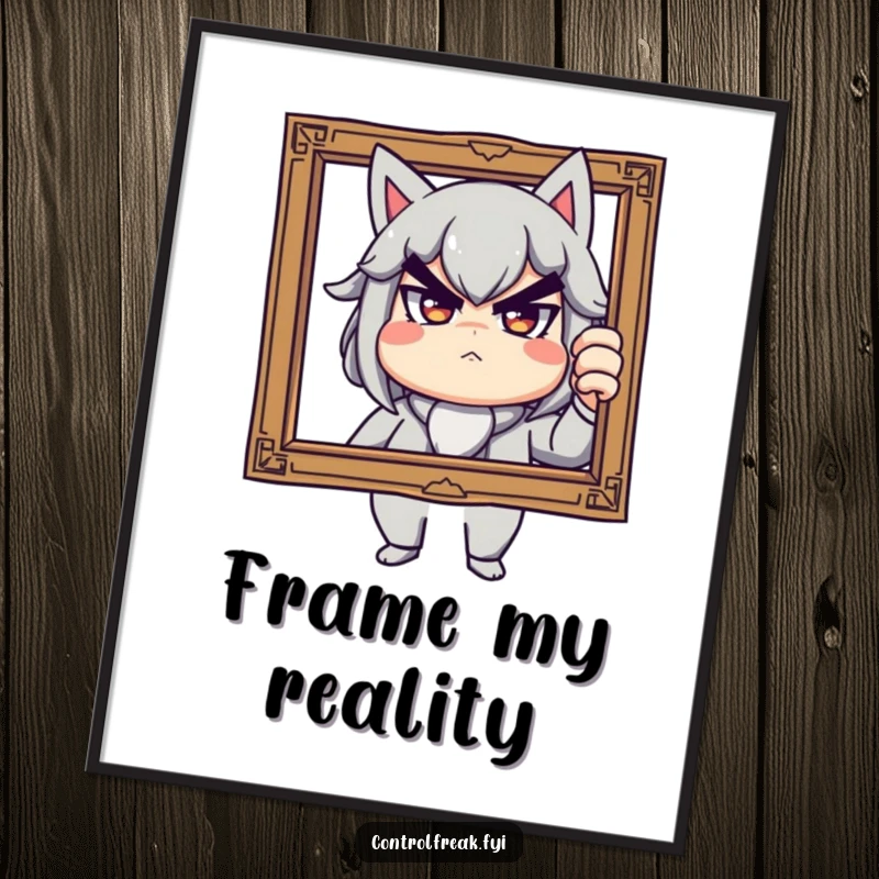 Funny digital art print of a stern but playful character adjusting a tilted picture frame, ideal for humorous home decor, a great gift.