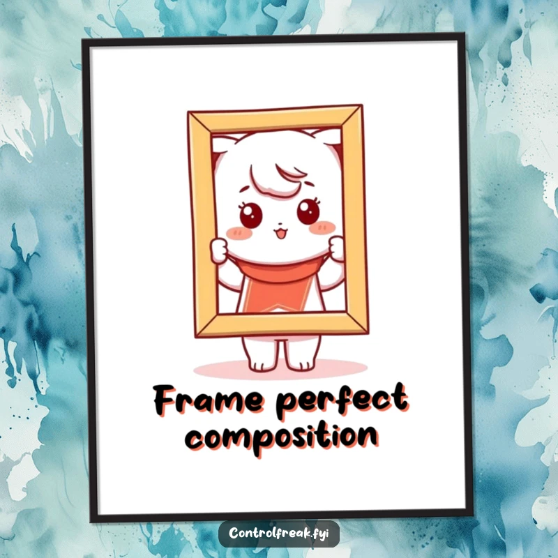 Funny Kawaii character digital art print, straightening a crooked picture frame, for orderly and humorous wall decor.