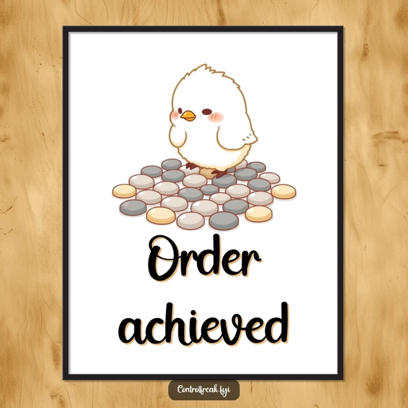 Funny Digital Art Print: A small, fluffy bird meticulously arranges pebbles into perfect geometric patterns digitally.