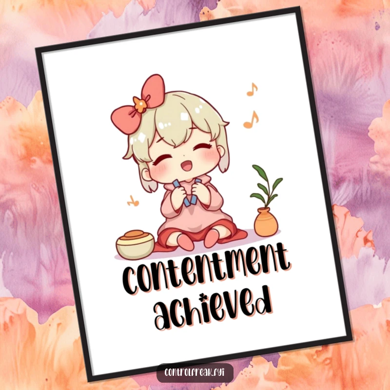 Funny digital art print of a character humming contentedly while tidying, symbolizing peace, order, and domestic joy. An instant, humorous decor piece.