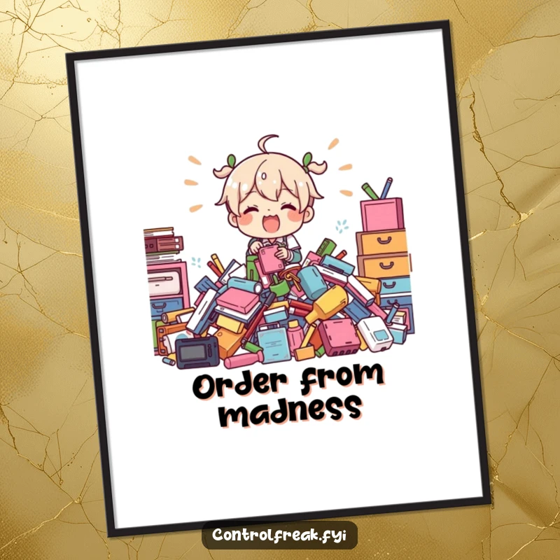 Funny Digital Art Print: Character enthusiastically organizing a large pile of items, a humorous and vibrant artwork.
