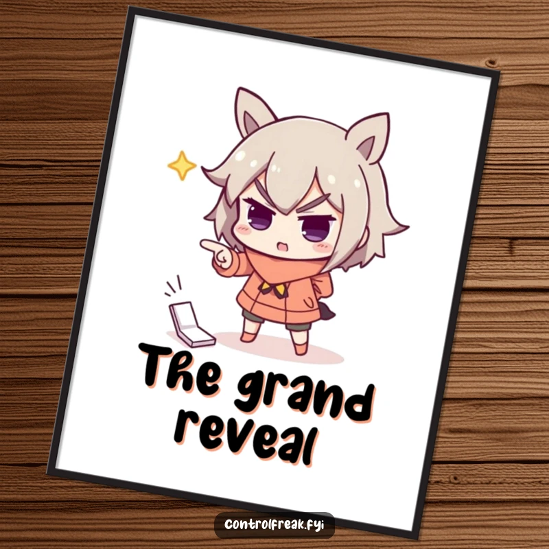 Funny digital art print of a character dramatically pointing with exaggerated importance at a misplaced item, creating a humorous visual.