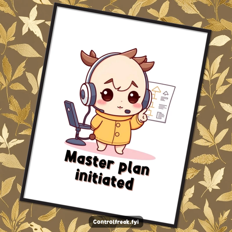 Funny digital art print of a character in an oversized headset, deterministically pointing at a flowchart, symbolizing focus and strategy.