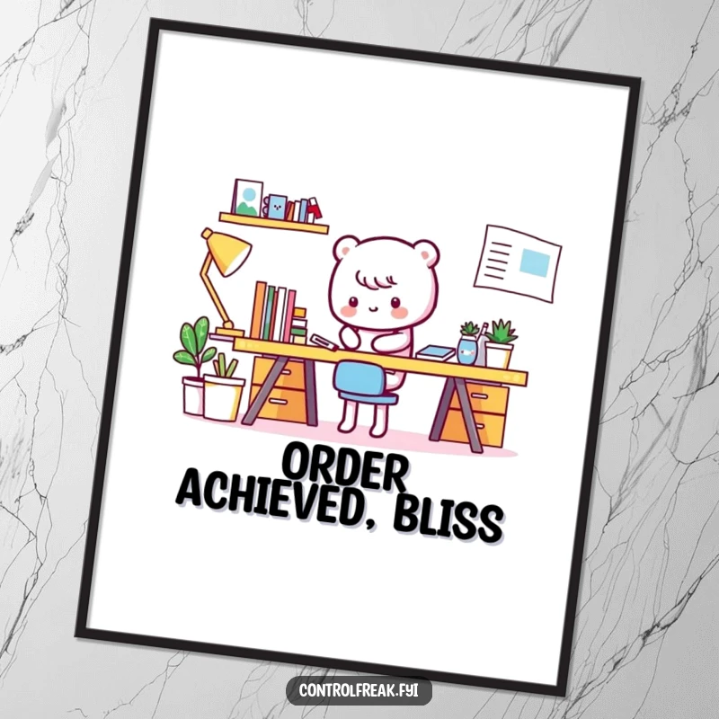 Funny Kawaii character digital art print, meticulously tidying a spotless desk, perfect for organized wall decor.