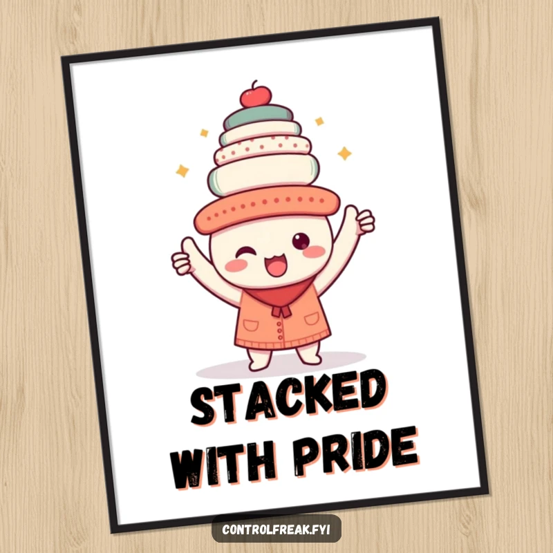 Funny digital art print of a kawaii character triumphantly holding a perfectly aligned stack of objects, bringing orderly humor.