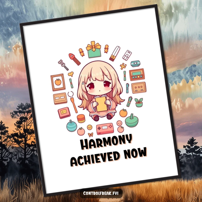 Funny Digital Art Print of a character playfully creating a flawless symmetrical pattern, embodying the joy of order and humor.