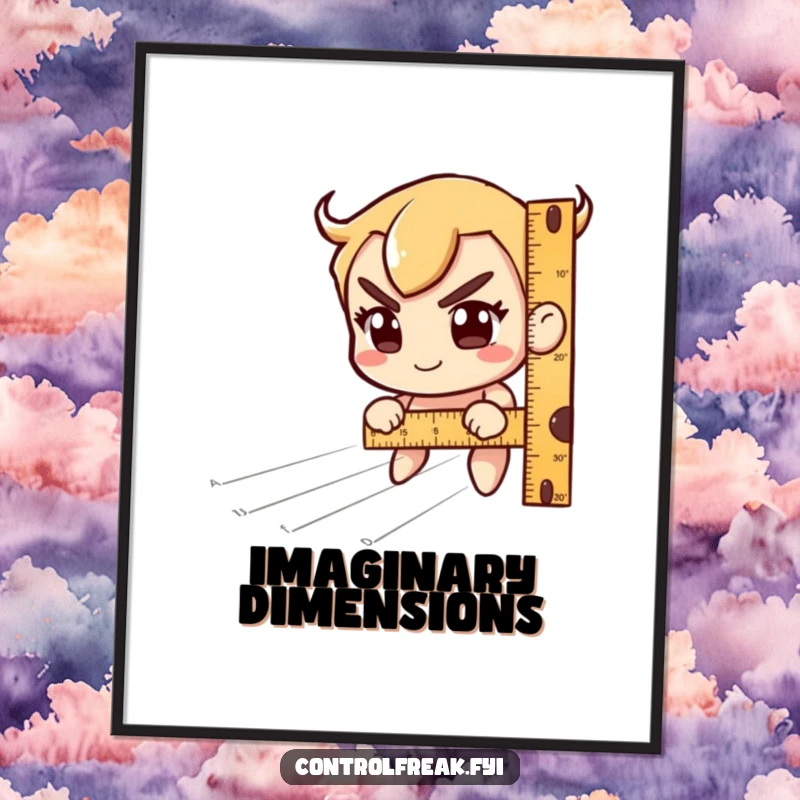 Funny Digital Art Print: Character intensely measuring imaginary lines with a ruler, sporting a quirky, focused smile. Thoughtful wall art funny gift.