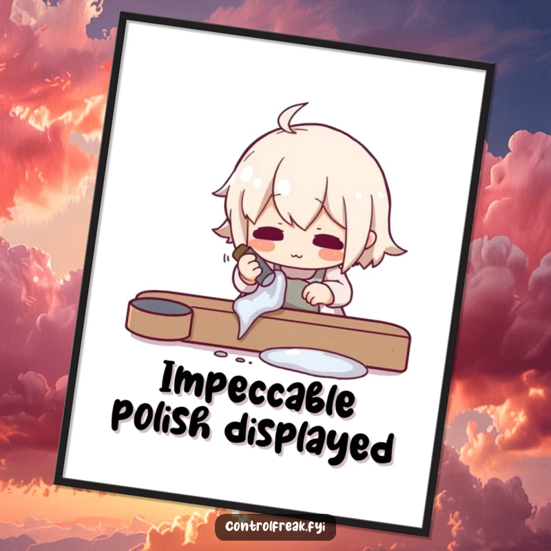 Funny digital art print of a character meticulously polishing an object to an impossible shine, ideal for humorous wall decor, a great gift.