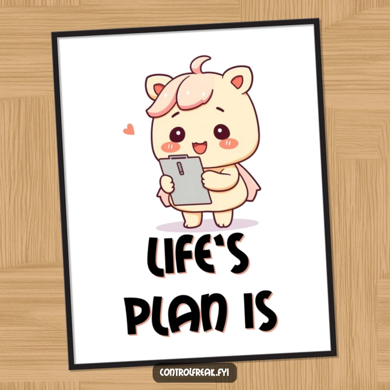 Funny Kawaii organizer digital art print capturing a smiling character with a clipboard, organizing items neatly.