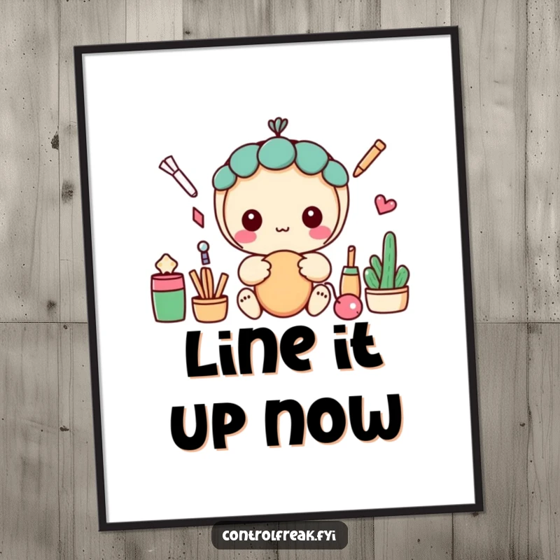 Funny digital art print of a kawaii character concentrating on making perfectly straight lines, capturing a moment of neatness.