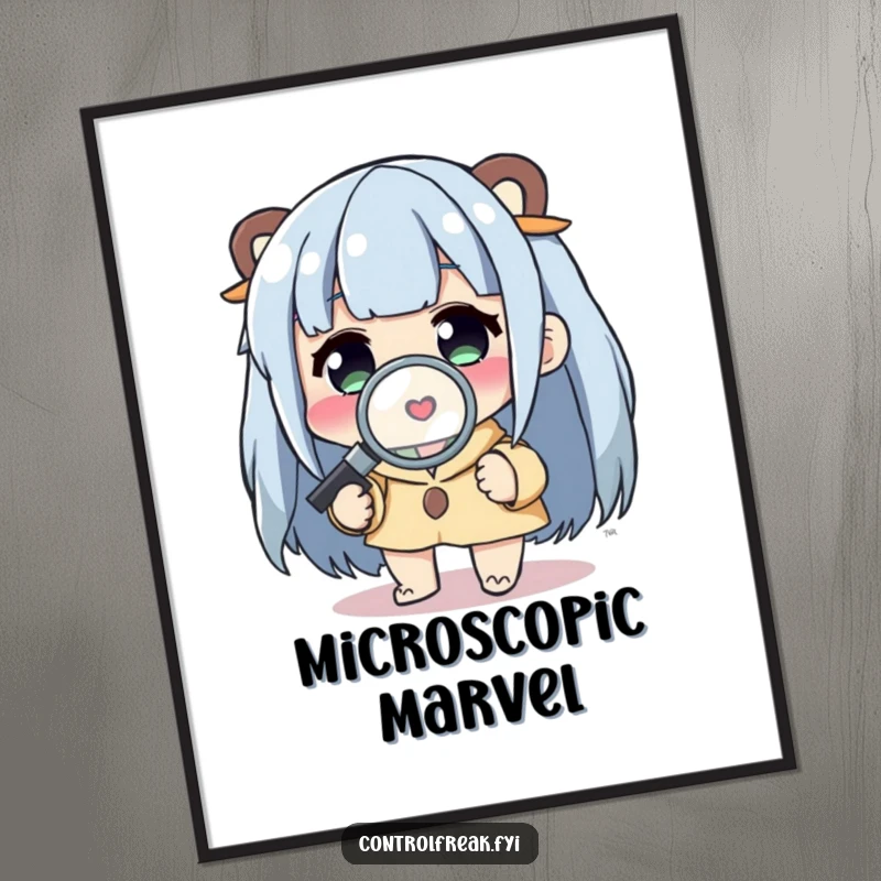 Funny Digital Art Print: Character using a magnifying glass to examine a tiny detail, a humorous and engaging artwork.