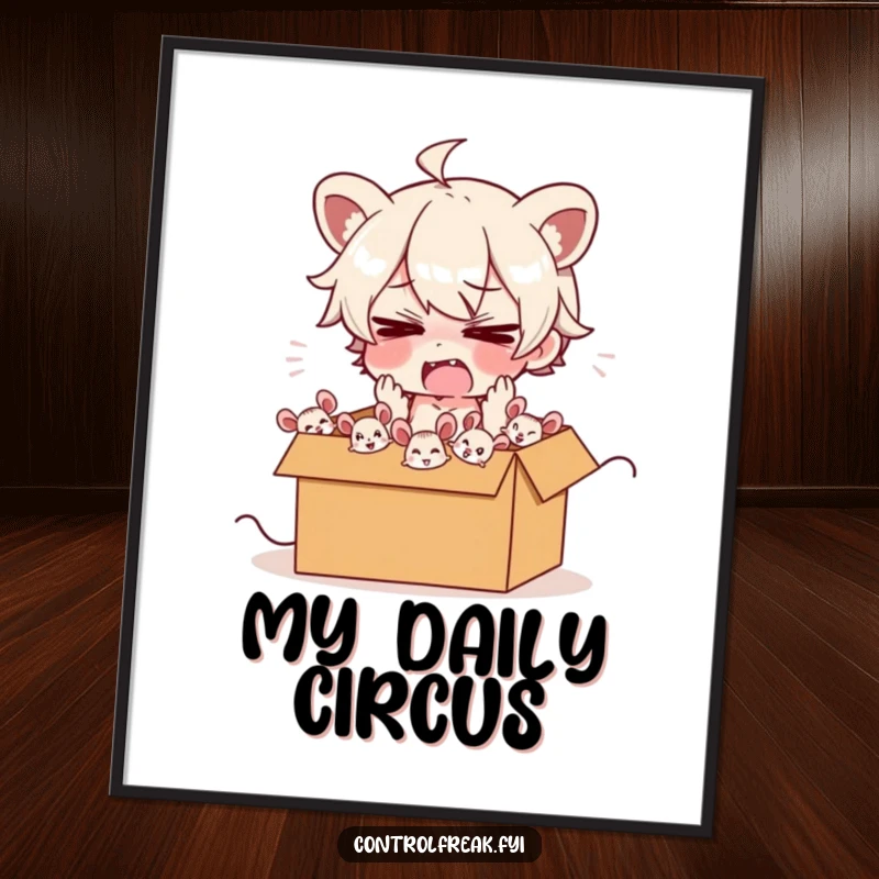 Funny digital art print of a frazzled character energetically herding cartoon mice into a box, adding a visually chaotic and humorous element.