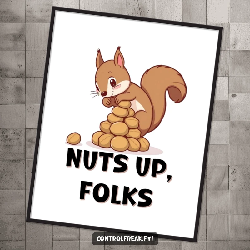 Funny squirrel pyramid digital art print, a meticulous squirrel building a nut pyramid, for instant humorous wall decor.