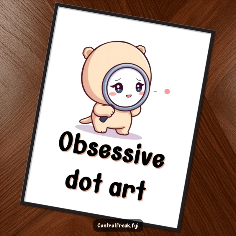 Funny digital art print of a tiny character obsessively using a magnifying glass on a dot, bringing focused humor instantly.