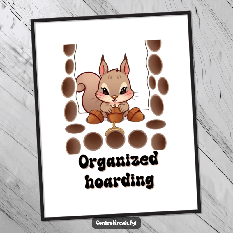 Funny digital art print of a determined squirrel character humorously attempting to fit acorns into precise holes, adding whimsy to any room.