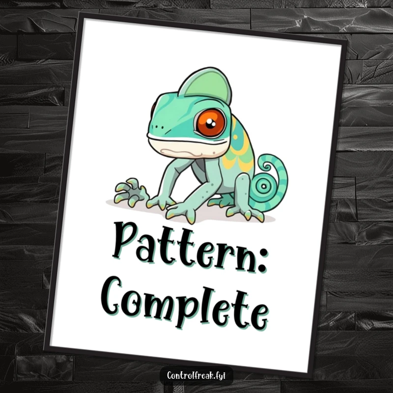 Funny chameleon pattern digital art print, a chameleon comically failing to blend into a pattern, for instant quirky decor.