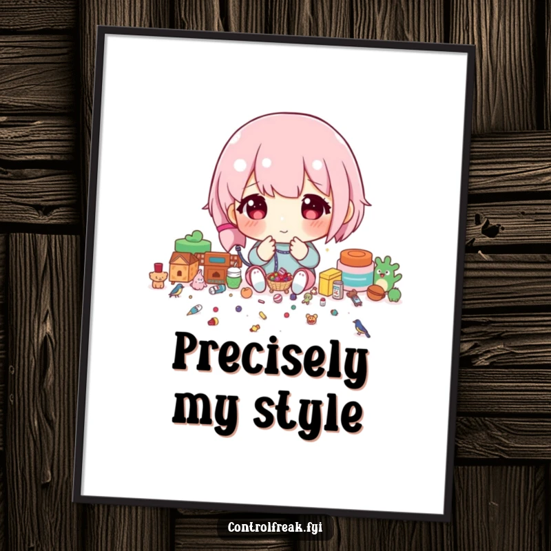 Funny Digital Art Print of a character meticulously sorting tiny items by size, symbolizing precision and order with humor.