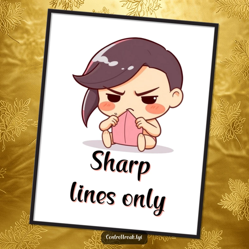 Funny digital art print of a character with a determined frown, meticulously folding paper, adding a visually precise and artistic element.