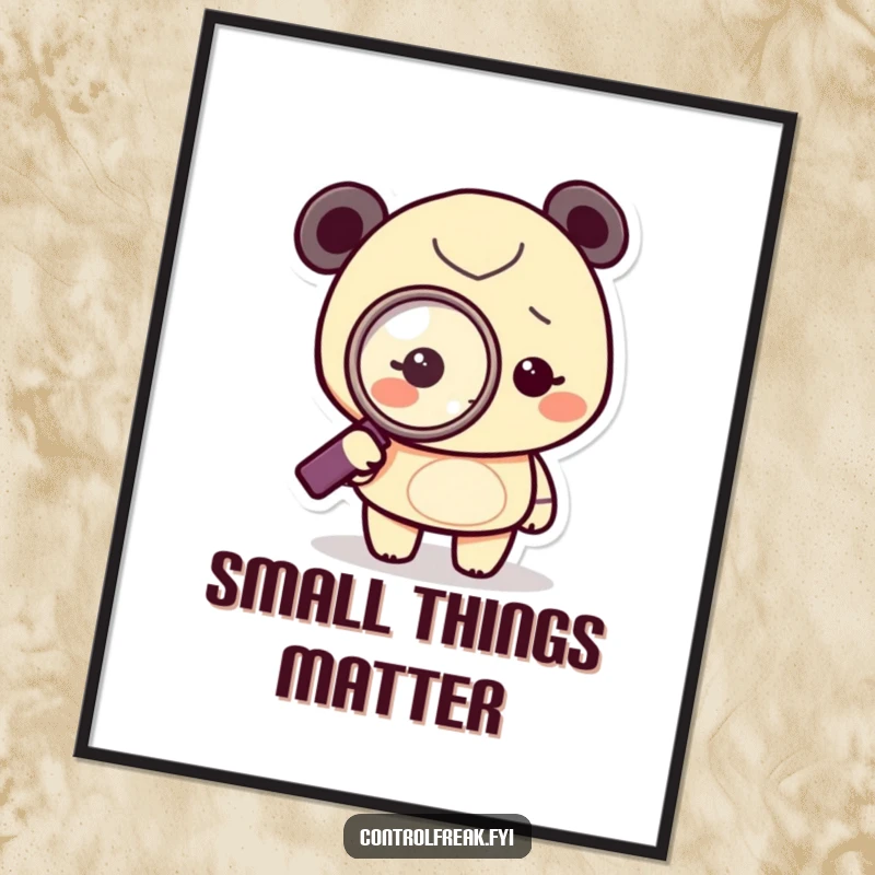 Funny Digital Art Print of a tiny character using a magnifying glass to point at a dot, symbolizing obsessive focus and humor.