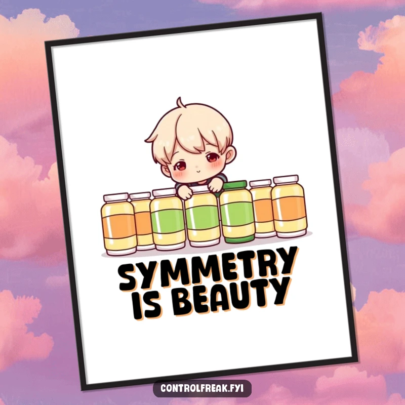 Funny Digital Art Print: Character playfully adjusting a perfectly aligned row of objects, a witty and sophisticated artwork.