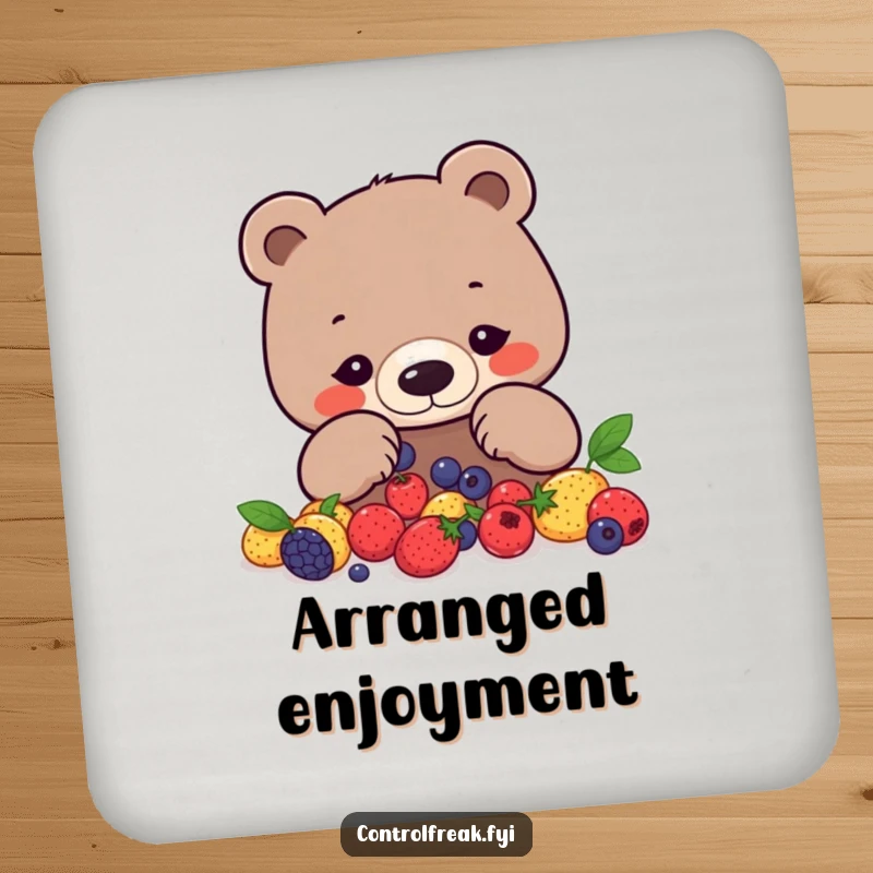 Funny bear drink coaster with a focused bear arranging berries into a precise geometric pattern, protecting surfaces humorously.