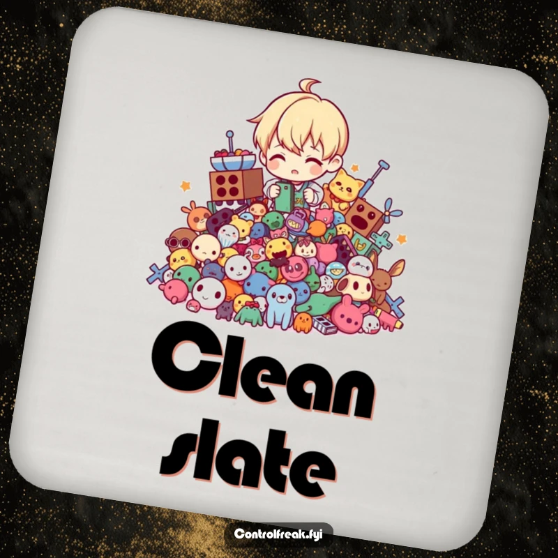 Funny drink coaster with a character tidying a chaotic pile of toys into perfect order, representing organized protection.