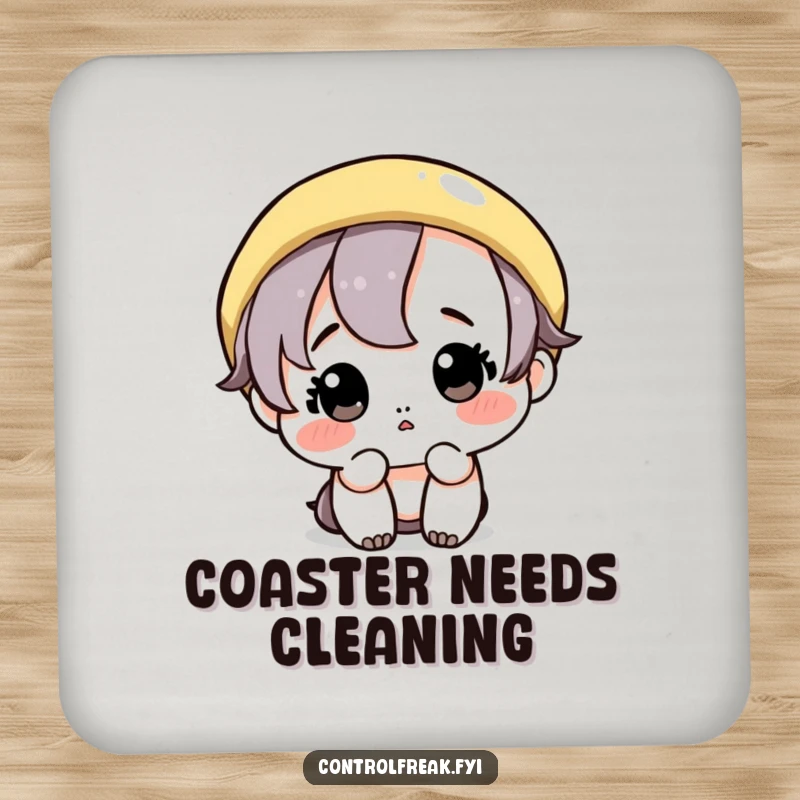Funny drink coaster: A cute character meticulously wipes a single, perfect circle, symbolizing extreme neatness.