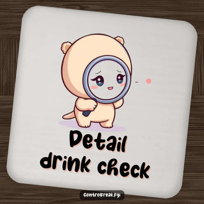 Funny drink coaster featuring a tiny character intensely examining a dot with a magnifying glass, adding a humorous detail.