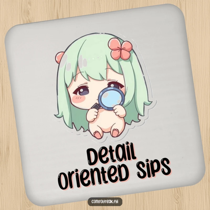 Funny Kawaii character drink coasters, using a magnifying glass to inspect details, adding humor and protection.